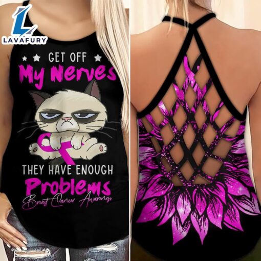 Breast Cancer Awareness Criss-Cross Tank Top Sunflower Grumpy Cat Get Off My Nerves