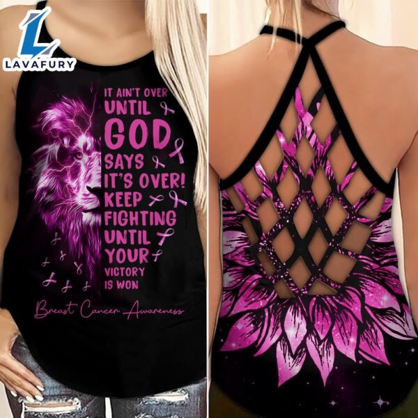 Breast Cancer Awareness Criss-Cross Tank Top Sunflower Lion It Ain’t Over Until God Says It’s Over