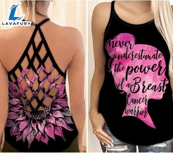 Breast Cancer Awareness Criss-Cross Tank Top Sunflower Never Underestimate The Power Of A Breast Cancer Warrior