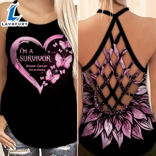 Breast Cancer Awareness Criss-Cross Tank Top Sunflower Pink Butterfly Heart I’m A Survivor