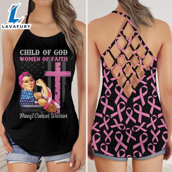 Breast Cancer Awareness Criss-Cross Tank Top USA Flag Child Of God Women Of Faith