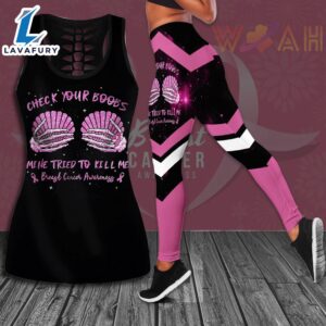 Check Your Boobs Mine Tried To Kill Me Breast Cancer Awareness 3D Hollow Tank Top &amp Leggings