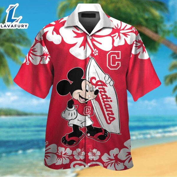 Cleveland Indians Mickey Mouse Short Sleeve Button Up Tropical Aloha Hawaiian Shirt Set for Men Women Kids