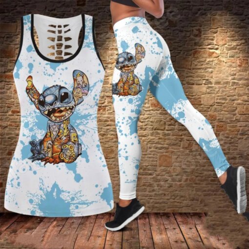 Disney Stitch Women Hollow Tanktop Leggings Yoga Set Summer Fitness Leggings