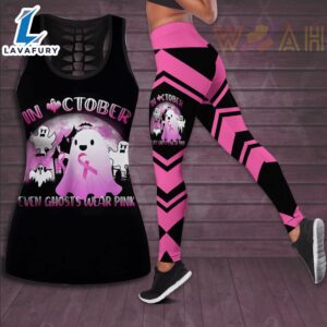In October Even Ghost Wear Pink Breast Cancer Awareness 3D Hollow Tank Top &amp Leggings
