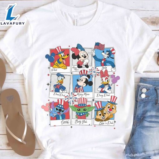 Cute Mickey and Friends Stitch Baby Yoda Chip ‘n Dale Take Photos 4th Of July Shirt