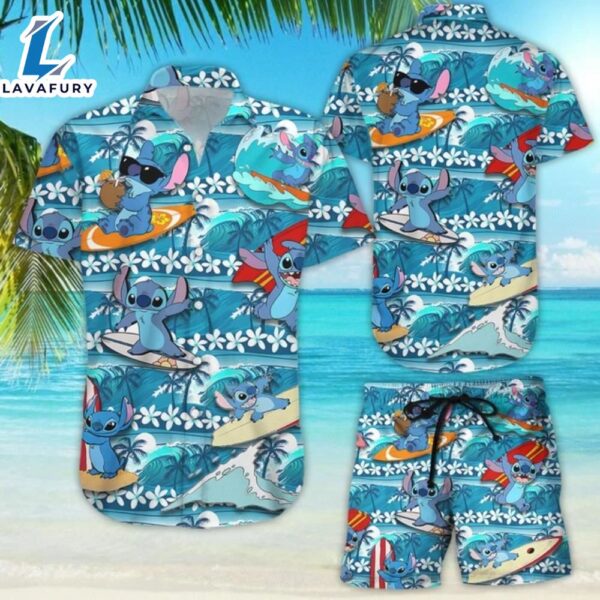 Disney Stitch Men Women Hawaiian Vintage Button Up Shirt Board Shorts Casual Set