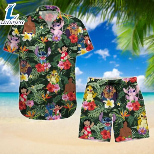 Disney Stitch Summer Men Women Hawaiian Shirt Set of 2 Vintage Button Up Shirt Board Shorts Casual Set