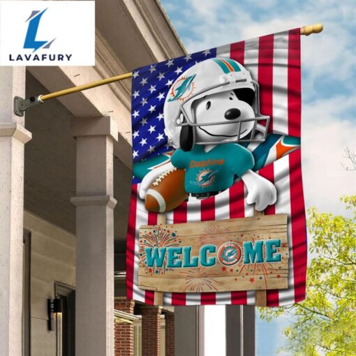 Miami Dolphins Snoopy Peanuts Welcome Custom Name Garden Flag