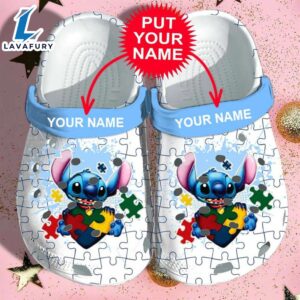 Custom Name Autism Awareness Day Stitch Puzzle Pieces Crocband Clog Shoes