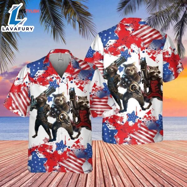 Marvel Rocket & American Flag 4th of July Memorial Day Hawaiian Shirts