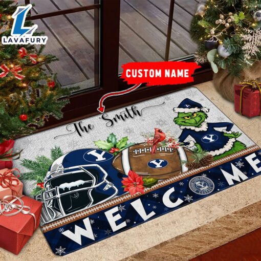 NCAA BYU Grinch Christmas Welcome  Football Doormat – Custom Name