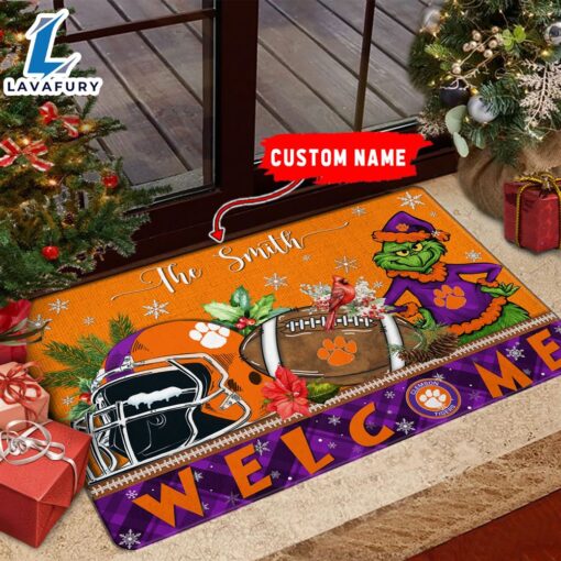 NCAA Clemson Tigers Grinch Christmas Welcome  Football Doormat – Custom Name