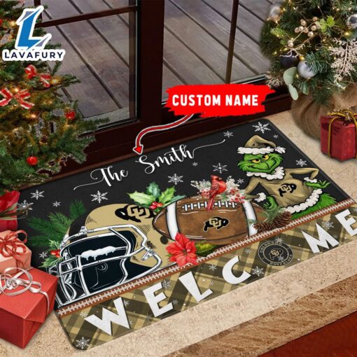 NCAA Colorado Buffaloes Grinch Christmas Welcome  Football Doormat – Custom Name