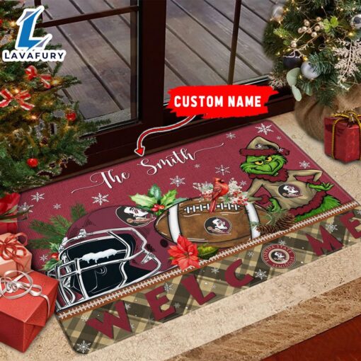 NCAA Florida State Seminoles Grinch Christmas Welcome  Football Doormat – Custom Name