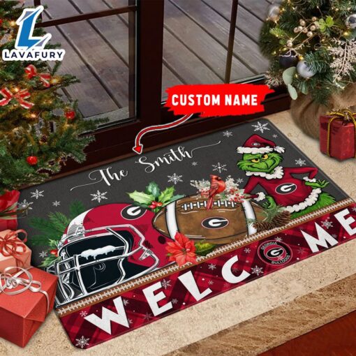 NCAA Georgia Bulldogs Grinch Christmas Welcome  Football Doormat – Custom Name