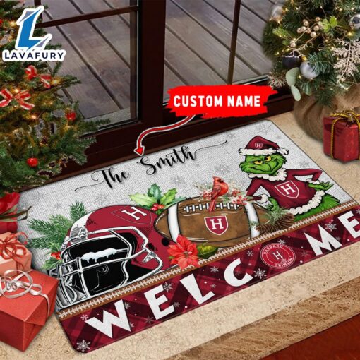 NCAA Harvard Crimson Grinch Christmas Welcome  Football Doormat – Custom Name