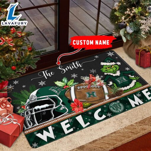 NCAA Hawaii Rainbow Warriors Grinch Christmas Welcome  Football Doormat – Custom Name