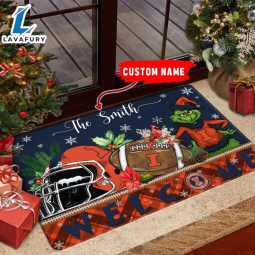 NCAA Illinois Fighting Illini Grinch Christmas Welcome  Football Doormat – Custom Name