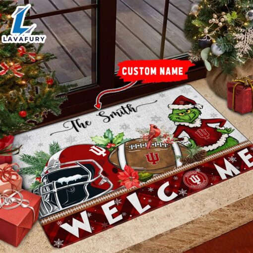 NCAA Indiana Hoosiers Grinch Christmas Welcome  Football Doormat – Custom Name