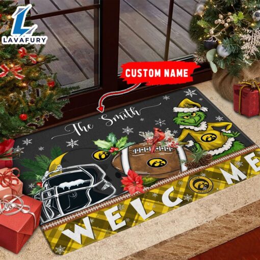 NCAA Iowa Hawkeyes Grinch Christmas Welcome  Football Doormat – Custom Name