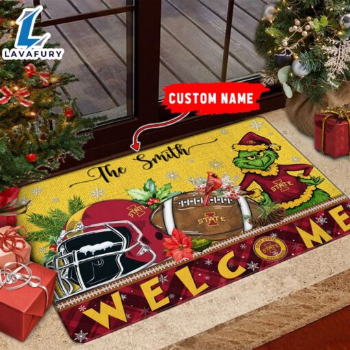 NCAA Iowa State Cyclones Grinch Christmas Welcome  Football Doormat – Custom Name