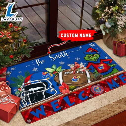 NCAA Kansas Jayhawks Grinch Christmas Welcome  Football Doormat – Custom Name