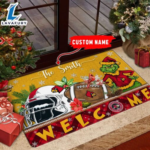 NCAA Louisville Cardinals Grinch Christmas Welcome  Football Doormat – Custom Name