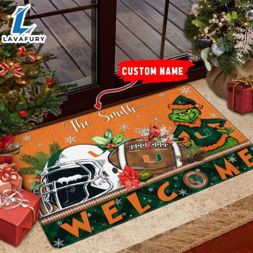 NCAA Miami Hurricanes Grinch Christmas Welcome  Football Doormat – Custom Name