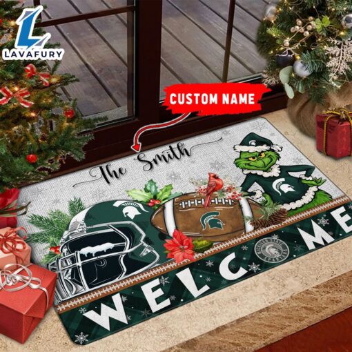 NCAA Michigan State Spartans Grinch Christmas Welcome  Football Doormat – Custom Name