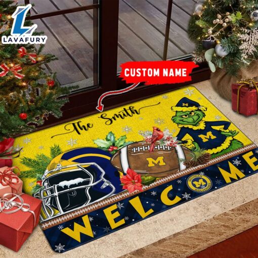 NCAA Michigan Wolverines Grinch Christmas Welcome  Football Doormat – Custom Name