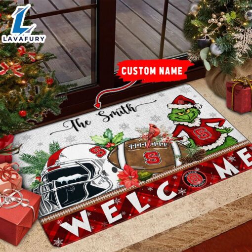 NCAA NC State Wolfpack Grinch Christmas Welcome  Football Doormat – Custom Name
