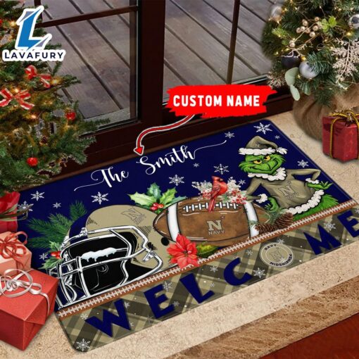 NCAA Navy Midshipmen Grinch Christmas Welcome  Football Doormat – Custom Name
