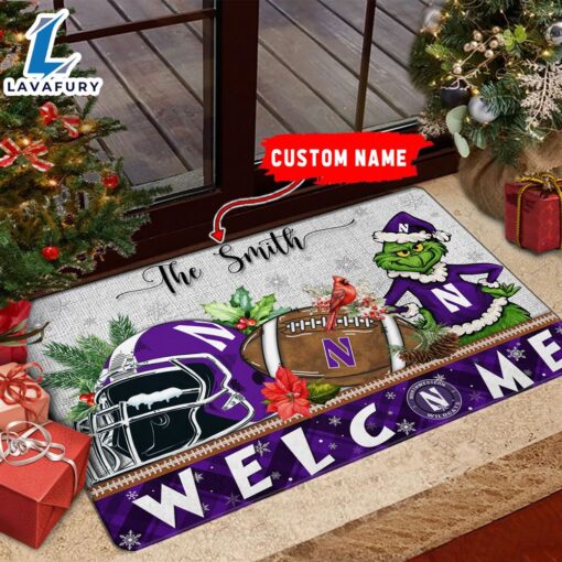 NCAA Northwestern Wildcats Grinch Christmas Welcome  Football Doormat – Custom Name