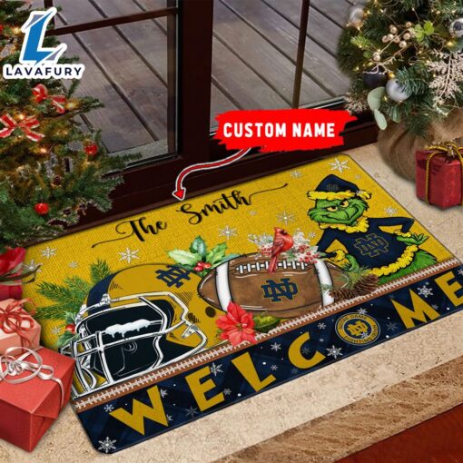 NCAA Notre Dame Fighting Irish Grinch Christmas Welcome  Football Doormat – Custom Name