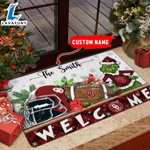 NCAA Oklahoma Sooners  Grinch Christmas Welcome  Football Doormat – Custom Name