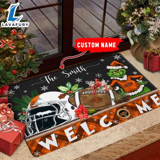 NCAA Oklahoma State Cowboys Grinch Christmas Welcome  Football Doormat – Custom Name