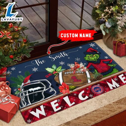 NCAA Ole Miss Rebels Grinch Christmas Welcome  Football Doormat – Custom Name