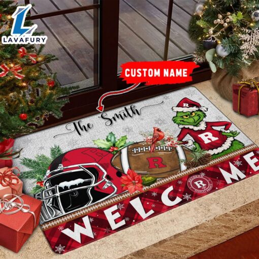 NCAA Rutgers Scarlet Knights Grinch Christmas Welcome  Football Doormat – Custom Name