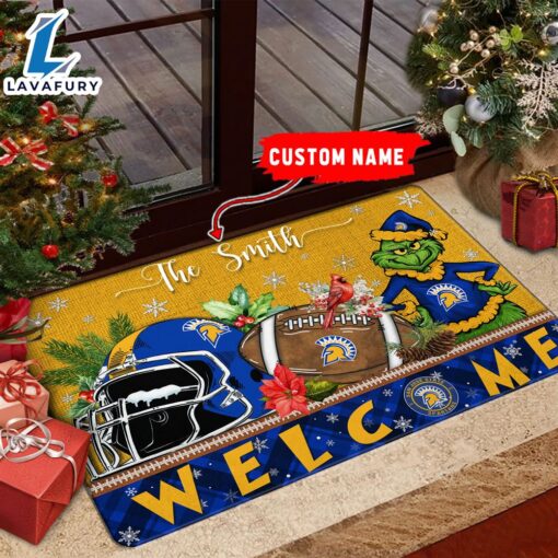 NCAA San Jose State Spartans Grinch Christmas Welcome  Football Doormat – Custom Name
