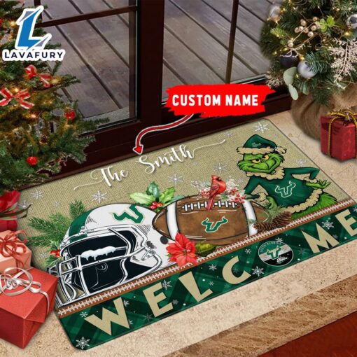 NCAA South Florida Bulls Grinch Christmas Welcome  Football Doormat – Custom Name