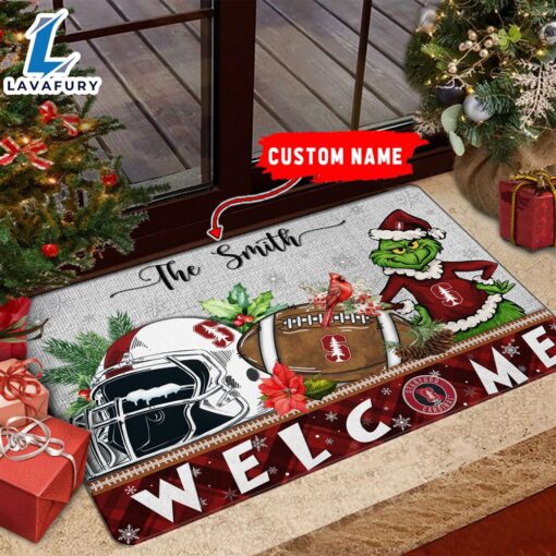 NCAA Stanford Cardinal Grinch Christmas Welcome  Football Doormat – Custom Name