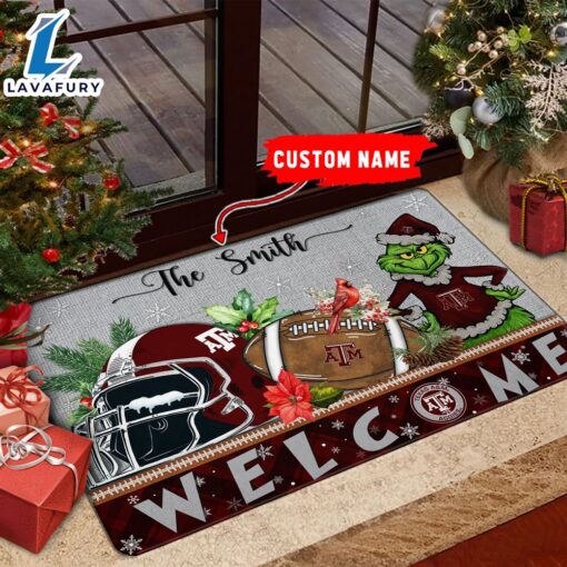 NCAA Texas A&ampM Aggies Grinch Christmas Welcome  Football Doormat – Custom Name