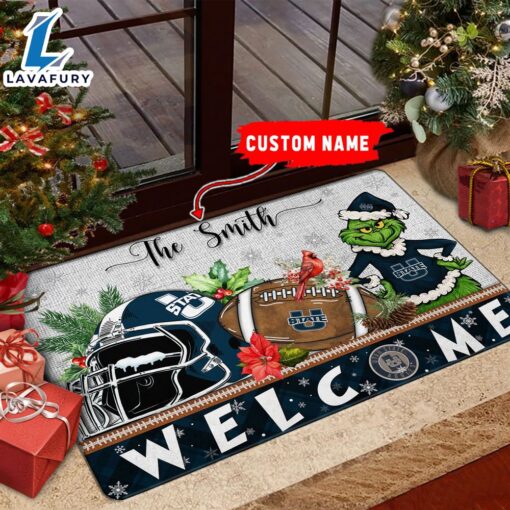NCAA Utah State Aggies Grinch Christmas Welcome  Football Doormat – Custom Name