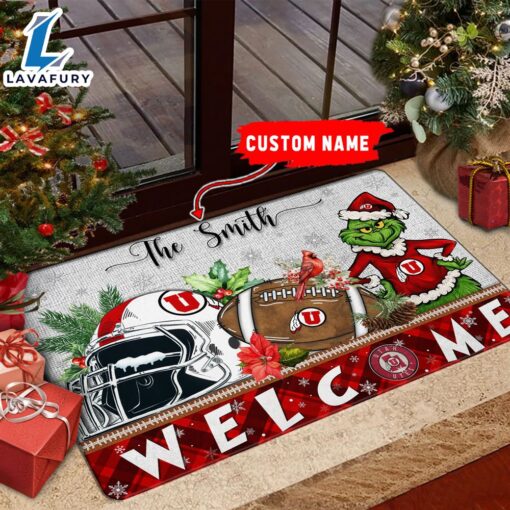 NCAA Utah Utes Grinch Christmas Welcome  Football Doormat – Custom Name
