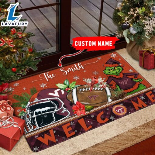 NCAA Virginia Tech Hokies Grinch Christmas Welcome  Football Doormat – Custom Name