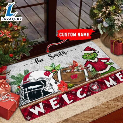 NCAA Wisconsin Badgers Grinch Christmas Welcome  Football Doormat – Custom Name