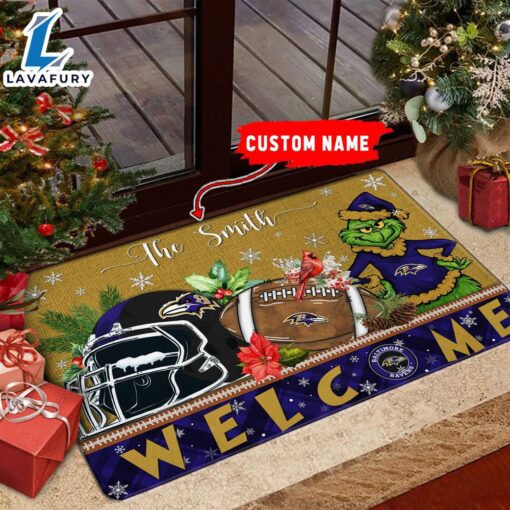 NFL Baltimore Ravens Grinch Christmas Welcome  Football Doormat Custom Name
