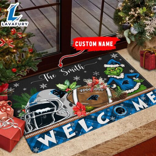 NFL Carolina Panthers Grinch Christmas Welcome  Football Doormat Custom Name