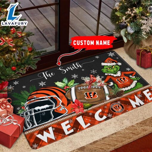 NFL Cincinnati Bengals Grinch Christmas Welcome  Football Doormat Custom Name